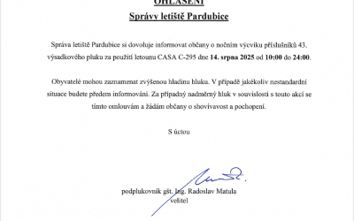 Ohlášení velitele Správy letiště Pardubice o nočním výcviku